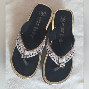 Embellished Black and Rose Gold Women's Flip Flop Sandals